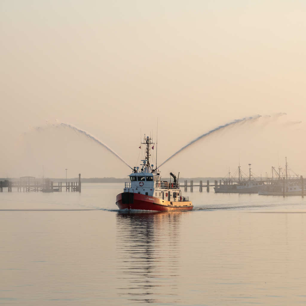 Biloxi Fire Department fireboat Serena G docked at a marina on the Mississippi Gulf Coast, ready for waterfront rescues and boat fire response.