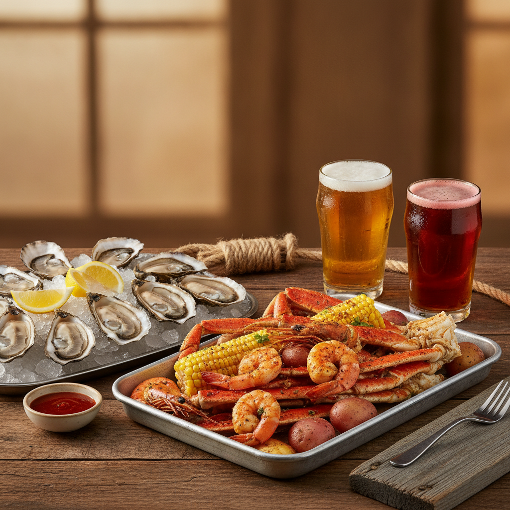 Plate of raw oysters on the half shell served with lemon wedges and sauce, paired with a cold craft beer in Biloxi, Mississippi