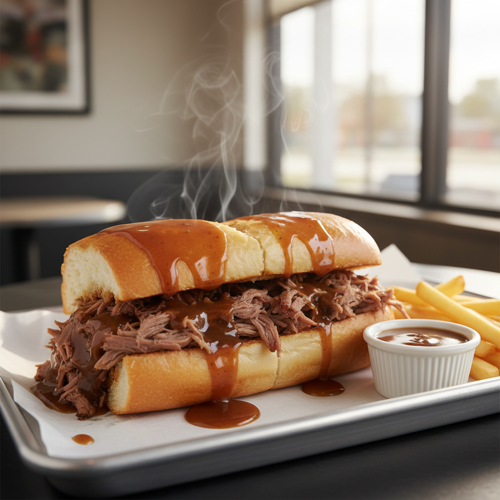 Roast beef debris po’ boy on French bread with gravy-soaked shredded beef served with a cup of brown gravy on the side in Biloxi, Mississippi