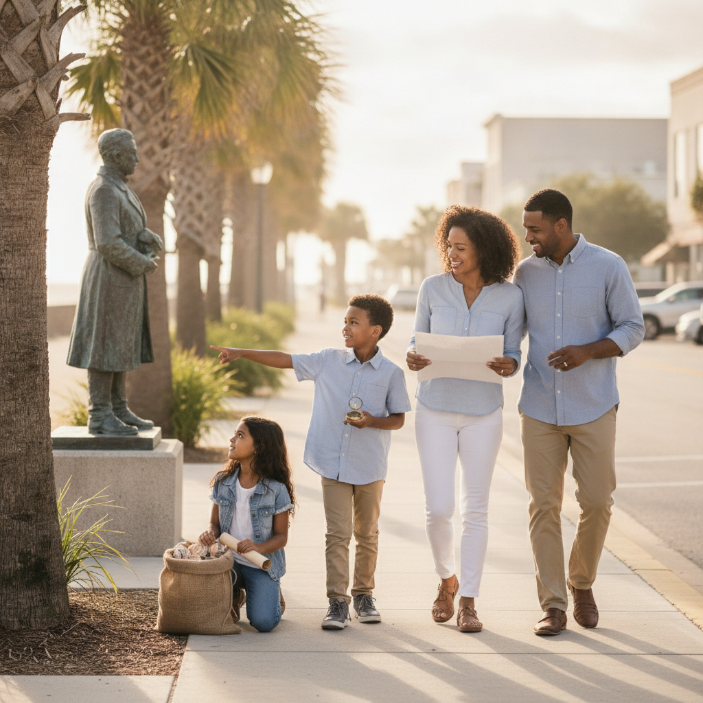 Family walking in downtown Biloxi during a scavenger hunt, stopping to read a clue near historic landmarks on Beach Boulevard