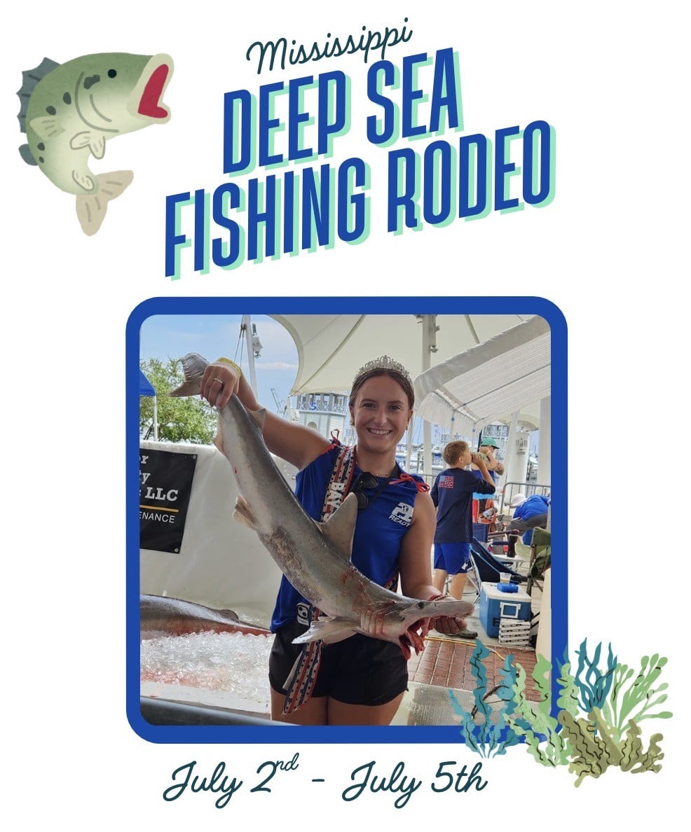 A person holding a large fish at a fishing event, with "Mississippi Deep Sea Fishing Rodeo" and event dates, July 2nd - July 5th, displayed around the image.