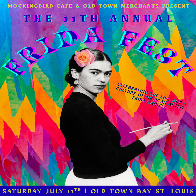 Poster for the 11th Annual Frida Fest featuring Frida Kahlo with a flower crown, colorful geometric background, and event details for July 11th in Old Town Bay, St. Louis.