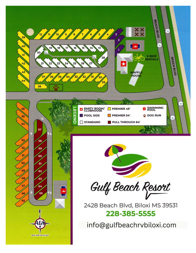 Map of Gulf Beach Resort showing RV site locations, amenities like a pool, dog run, e-bike rentals, waffle house, and contact information at the bottom.