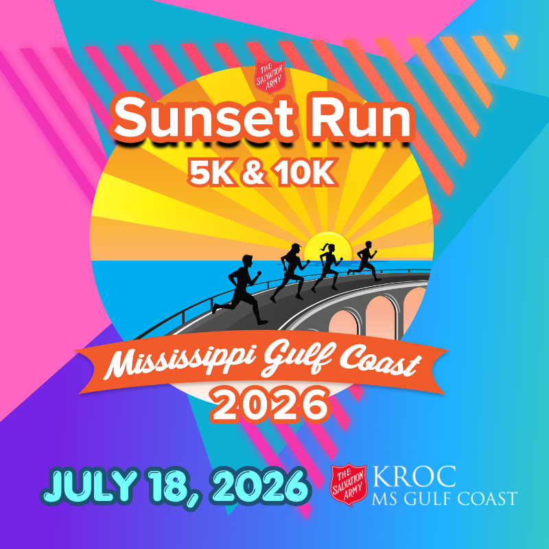 Event poster for the Sunset Run 5K & 10K, Mississippi Gulf Coast 2026, taking place on July 18, 2026, with a graphic of runners on a bridge at sunset.