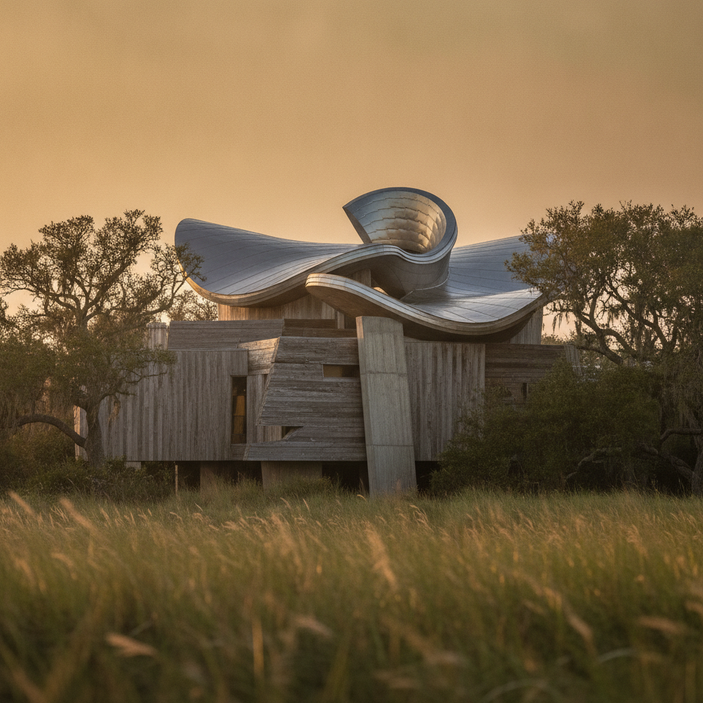 Frank Gehry’s Ohr-O’Keefe Museum of Art pods in Biloxi, Mississippi, with curving reflective metal buildings framed by live oak trees on the museum campus.
