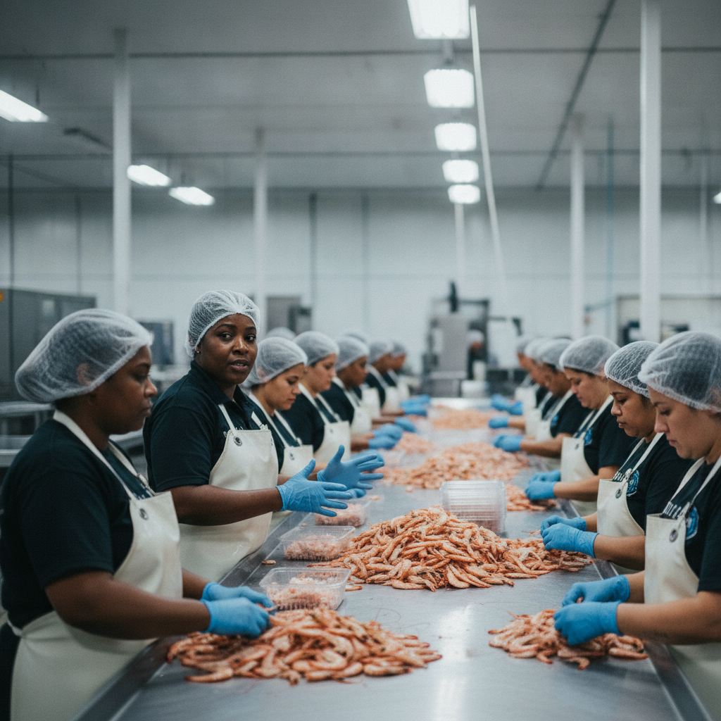 Women working at a seafood processing line in Biloxi, Mississippi, peeling and packing shrimp in a busy packing house.