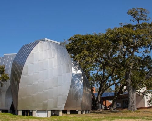 A modern building with a curved exterior made of metal panels stands next to large trees under a clear blue sky.